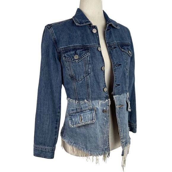 LUCKY BRAND Remade Distressed Denim Waisted Trucker Jacket Raw Frayed Hem XS - Picture 4 of 15